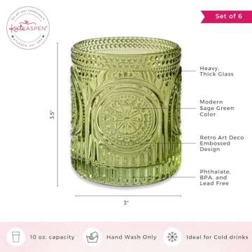 Kate Aspen Retro Arch Floral Green Drinking Glasses Set of 6-10 oz Vintage Beaded Glassware, Perfect for Water, Cocktail, Juice