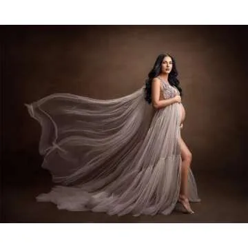 Elegant Dusty Rose Tulle Maternity Gown for Photoshoots