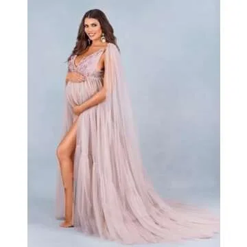 Elegant Dusty Rose Tulle Maternity Gown for Photoshoots