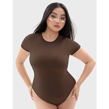 PUMIEY Bodysuits for Women Short Sleeve Body Suits Brown Tops Chocolate Small