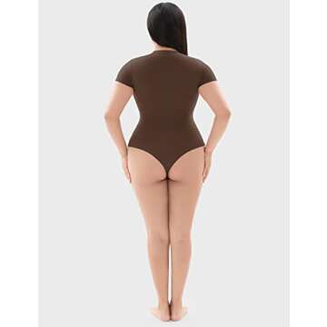 PUMIEY Bodysuits for Women Short Sleeve Body Suits Brown Tops Chocolate Small