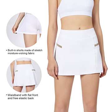 POSHDIVAH Women's Athletic Skirts with Built-in Shorts Skorts for Tennis Golf Running Workout and Casual White XL