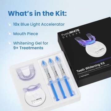 PurelyWHITE DELUXE Teeth Whitening Kit, Complete LED Teeth Whitening, 15+ Treatments, (3) 3ml Whitening Gel Syringes, Whiter Smile in 7 Minutes