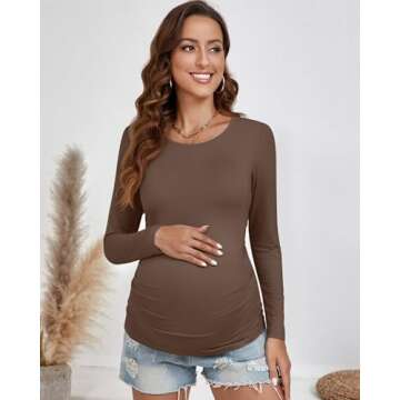 Ficerd 3 Pack Women's Maternity Shirts, Side Ruched Pregnancy Tee Tops Long Sleeve Basic Tunic Tshirt Casual Mama Clothes(Black, White, Coffee,Small)