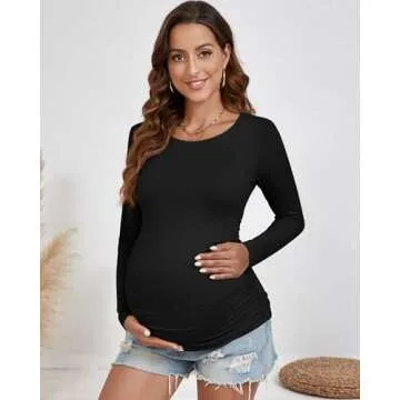 Ficerd 3 Pack Women's Maternity Shirts, Side Ruched Pregnancy Tee Tops Long Sleeve Basic Tunic Tshirt Casual Mama Clothes(Black, White, Coffee,Small)