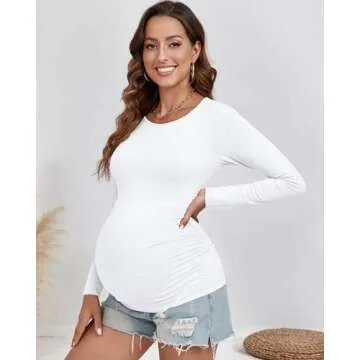 Ficerd 3 Pack Women's Maternity Shirts, Side Ruched Pregnancy Tee Tops Long Sleeve Basic Tunic Tshirt Casual Mama Clothes(Black, White, Coffee,Small)