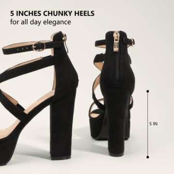 IDIFU Women's Platform Chunky High Heels Dress Sandals Open Toe Ankle Strap Strappy Wedding Bridal Party Dance Shoes for Women Bride (Black Suede, 5 M US)