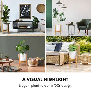 Fox & Fern Bundle - Plant Stand and Plant Pot, Bamboo Plant Holder and Matte White Flower Pot, Adjustable Width 8" to 12" Plant Stand Indoor and Polystone 12 Inch Planter with Drainage Plug