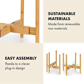 Fox & Fern Bundle - Plant Stand and Plant Pot, Bamboo Plant Holder and Matte White Flower Pot, Adjustable Width 8" to 12" Plant Stand Indoor and Polystone 12 Inch Planter with Drainage Plug