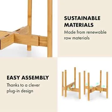 Fox & Fern Bundle - Plant Stand and Plant Pot, Bamboo Plant Holder and Matte White Flower Pot, Adjustable Width 8" to 12" Plant Stand Indoor and Polystone 12 Inch Planter with Drainage Plug