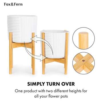 Fox & Fern Bundle - Plant Stand and Plant Pot, Bamboo Plant Holder and Matte White Flower Pot, Adjustable Width 8" to 12" Plant Stand Indoor and Polystone 12 Inch Planter with Drainage Plug