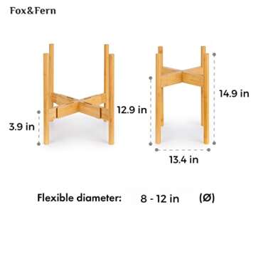 Fox & Fern Bundle - Plant Stand and Plant Pot, Bamboo Plant Holder and Matte White Flower Pot, Adjustable Width 8" to 12" Plant Stand Indoor and Polystone 12 Inch Planter with Drainage Plug