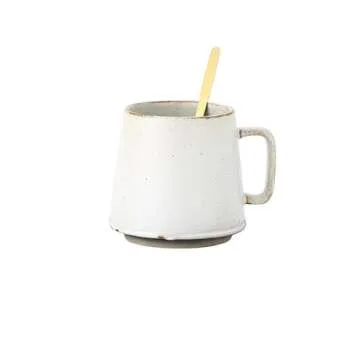 Retro Style Coffee Teacup With Wooden Saucer Set, Rustic Stoneware Ceramic Coffee Mug 12 Oz,Handmade...