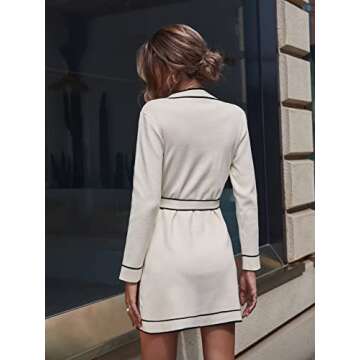 SweatyRocks Women's Long Sleeve V Neck Button Front Dress Elegant Belted Mini Sweater Dresses Beige ...