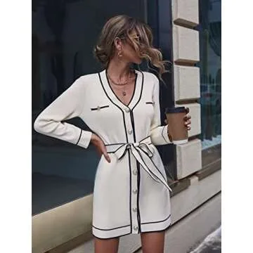 SweatyRocks Women's Long Sleeve V Neck Button Front Dress Elegant Belted Mini Sweater Dresses Beige XS