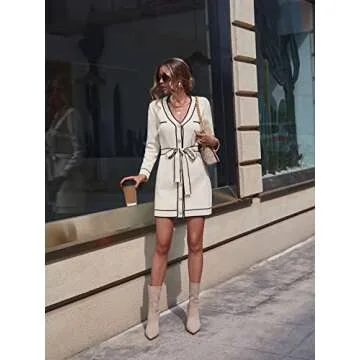 SweatyRocks Women's Long Sleeve V Neck Button Front Dress Elegant Belted Mini Sweater Dresses Beige XS
