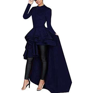 Kearia Women Ruffle High Low Asymmetrical Turtleneck Tops Blouse Shirt Dress