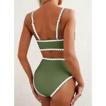 Herseas Women's Green Bikini Sets Shell Stitch 2 Piece Swimsuits High Waisted Scoop Bathing Suits Pa...