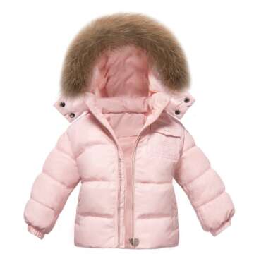 ZOEREA 2 Piece Unisex Kids Girls Snowsuit Hooded Puffer Jacket Snow Pants Pink, Label S/Age 6-12 months