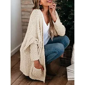 Saodimallsu Womens Oversized Open Front Fuzzy Cardigan Batwing Long Sleeve Popcorn Fall Cozy Warm Chunky Knit Sweaters Apricot