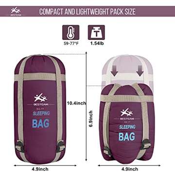 WERTYCITY Warm Weather Sleeping Bag - Portable Waterproof Compact Lightweight, Packable for Kids, Teens Adults Camping Backpacking Hiking, Spring Summer Fall(Wine Red)