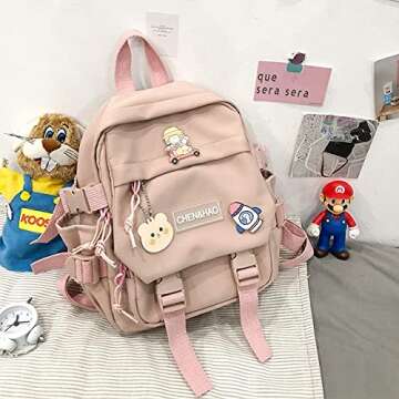 PEXIZUAN kawaii backpack girl school bag waterproof nylon with kawaii pendant cute pin mini backpack(pink)