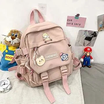 PEXIZUAN kawaii backpack girl school bag waterproof nylon with kawaii pendant cute pin mini backpack(pink)