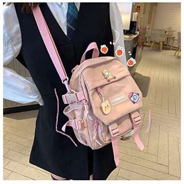 PEXIZUAN kawaii backpack girl school bag waterproof nylon with kawaii pendant cute pin mini backpack(pink)