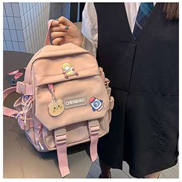 PEXIZUAN kawaii backpack girl school bag waterproof nylon with kawaii pendant cute pin mini backpack(pink)