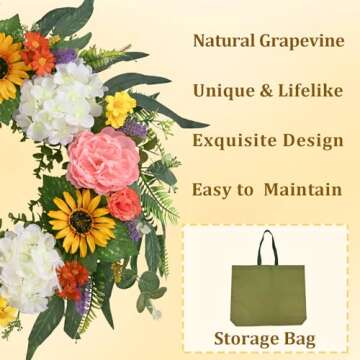 Waipfaru Spring Wreaths for Front Door, 22'' Spring Wreath, Summer Wreaths for Front Door, Front Doo...