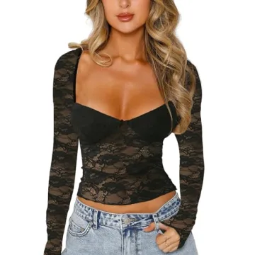 Women Y2k Lace Long Sleeve Top Sexy Mesh See Through Floral T Shirts Slim Fit Cropped Going Out Stre...