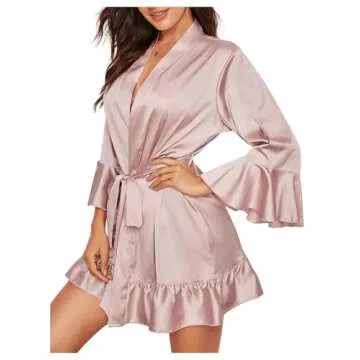 Floerns Women's Ruffle Hem Belted Satin Kimono Bridesmaids Robe A pink S