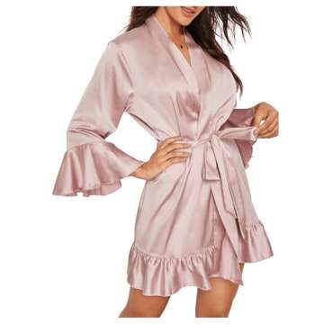Floerns Women's Ruffle Hem Belted Satin Kimono Bridesmaids Robe A pink S