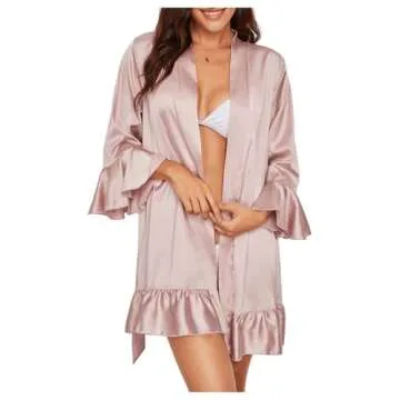 Floerns Women's Ruffle Hem Belted Satin Kimono Bridesmaids Robe A pink S