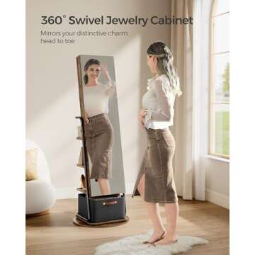 SONGMICS 360° Swivel Mirrored Jewelry Cabinet with Lights, Full-Length Mirror with Jewelry Storage,...