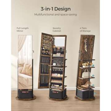 SONGMICS 360° Swivel Mirrored Jewelry Cabinet with Lights, Full-Length Mirror with Jewelry Storage, Standing Jewelry Armoire Organizer, with Large Storage Basket, Makeup Shelf, Rustic Brown UJJC018X01