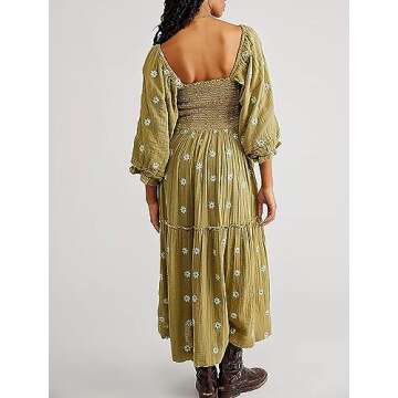 Willow Dance Women Casual Bohemian Floral Dress Square Neck Ruffle Swing A Line Dress Long Sleeve Be...