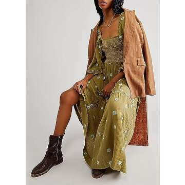 Willow Dance Women Casual Bohemian Floral Dress Square Neck Ruffle Swing A Line Dress Long Sleeve Beach Maxi Dress (Green, Small)