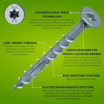 Velocity Exterior 4 Inch Wood Screws and T25 Torx Bits (Size #10) – Stick Tight Technology, Made with Carbon Steel, Includes Hexstix Bit & Storage Organizer Fence Screws for Wood (250 Pieces)
