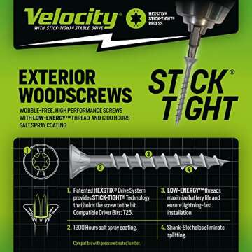 Velocity Exterior 4 Inch Wood Screws and T25 Torx Bits (Size #10) – Stick Tight Technology, Made with Carbon Steel, Includes Hexstix Bit & Storage Organizer Fence Screws for Wood (250 Pieces)