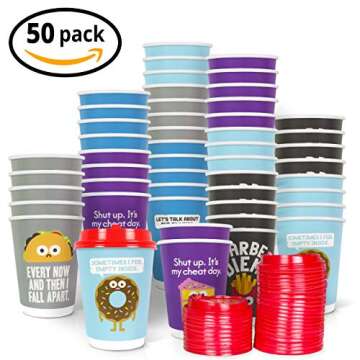 Q Cups 12oz Disposable Paper Coffee Cups with Lids, 50 Count - 5 Styles Per Pack, Designed by David Olenick - For Bake Sales, Meetings and More - Double Wall Design, Easy Cleanup… (Hangry)