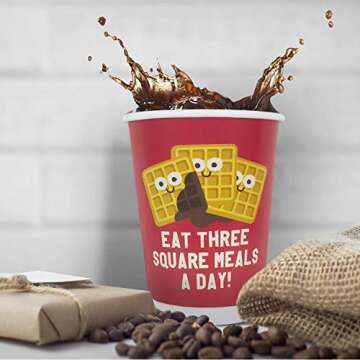 Q Cups 12oz Disposable Paper Coffee Cups with Lids, 50 Count - 5 Styles Per Pack, Designed by David Olenick - For Bake Sales, Meetings and More - Double Wall Design, Easy Cleanup… (Hangry)