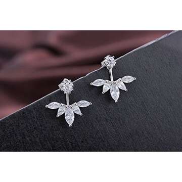 megko 925 Sterling Silver Cubic Zirconia Earrings Leaf Feather Ear Jacket Front Back Ear Cuffs Stud Earring(silver)