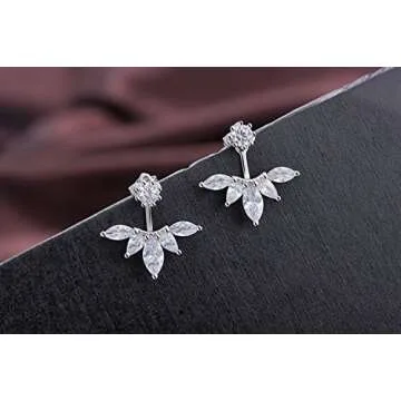 megko 925 Sterling Silver Cubic Zirconia Earrings Leaf Feather Ear Jacket Front Back Ear Cuffs Stud Earring(silver)