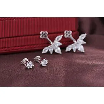 megko 925 Sterling Silver Cubic Zirconia Earrings Leaf Feather Ear Jacket Front Back Ear Cuffs Stud Earring(silver)