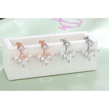 megko 925 Sterling Silver Cubic Zirconia Earrings Leaf Feather Ear Jacket Front Back Ear Cuffs Stud Earring(silver)