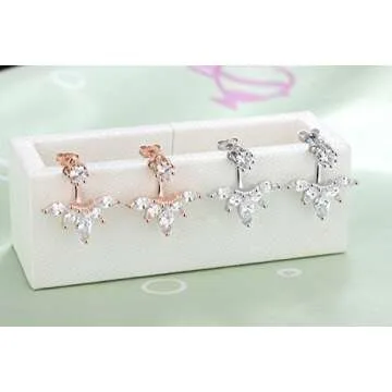 megko 925 Sterling Silver Cubic Zirconia Earrings Leaf Feather Ear Jacket Front Back Ear Cuffs Stud Earring(silver)