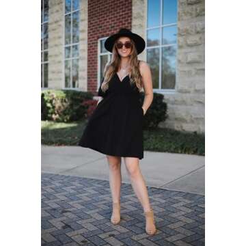 VOTEPRETTY Women's 2024 Spring Fashion V-Neck Spaghetti Strap Dress Summer Outfits Casual Swing Sundress with Pockets Clothes(Black,M)