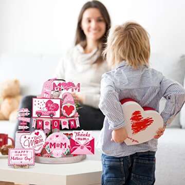 16 Pcs Mother's Day Heart Tiered Tray Decor Happy Mother's Day Wooden Sign Gnome Truck Mom Letters W...