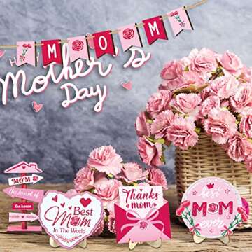 16 Pcs Mother's Day Heart Tiered Tray Decor Happy Mother's Day Wooden Sign Gnome Truck Mom Letters Wood Decor Summer Mothers Day Table Decorations for Mother's Gift Party Supplies (Heart Style)